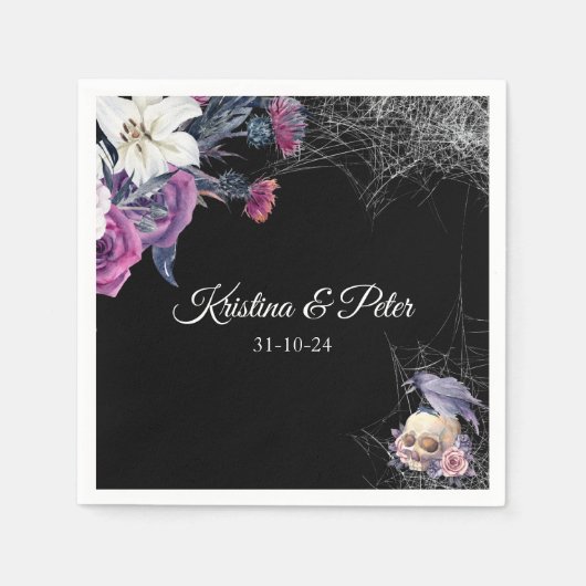 Elegante Zwarte Paarse Gotische Bloemenskelet Brui Servet (Voorkant)