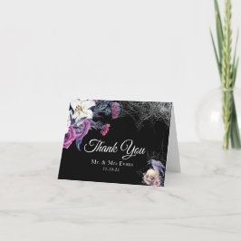 Elegante Zwarte Paarse Gotische Bloemenskelet Trou Bedankkaart