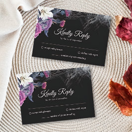 Elegante Zwarte Paarse Gotische Bloemige Schedel B RSVP Kaartje