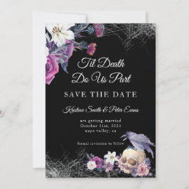Elegante Zwarte Paarse Gotische Bloemrijke Schedel Save The Date