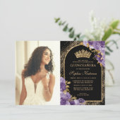 Elegante zwarte Paarse gouden bloemenfoto Quincean Kaart (Staand voorkant)
