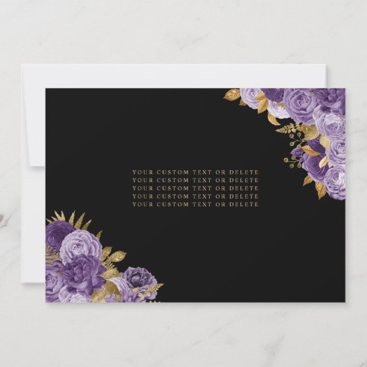 Elegante zwarte Paarse gouden bloemenfoto Quincean Kaart (Achterkant)