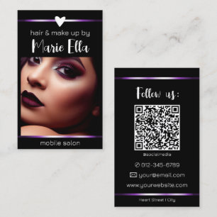 Elegante Zwarte Paarse Lijnen Foto QR Code Sjabloo Visitekaartje