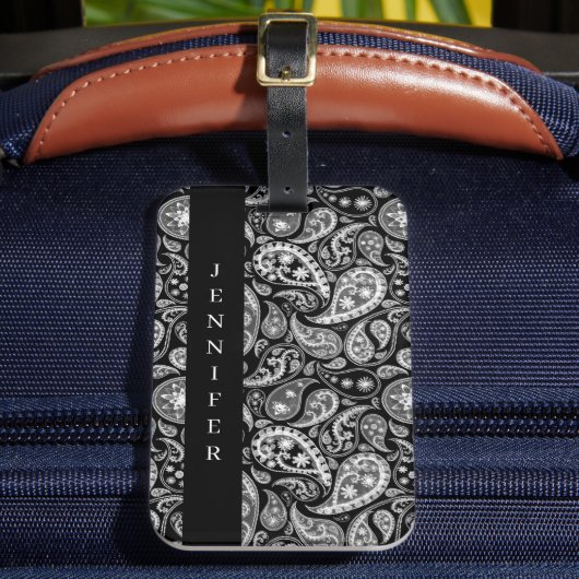 Elegante zwarte paisley bagagelabel (Voorkant Insitu 2)