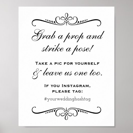 Elegante Zwarte 'Pak een Prop' Bruiloft Foto Booth Poster (Voorkant)