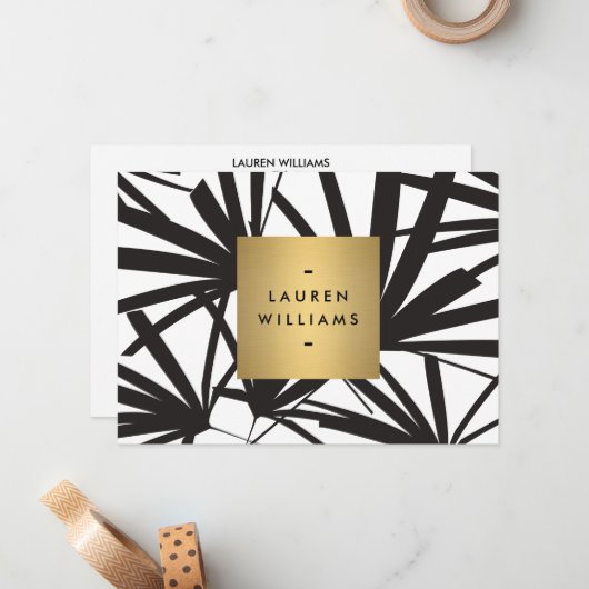 Elegante Zwarte Palmschijfjes met Gouden Naam Note Notitiekaartje (Voorkant / Achterkant in situ)