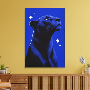 Elegante Zwarte Panter Blauwe Monochroom Canvas Afdruk