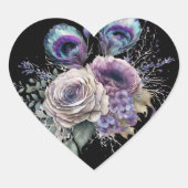 Elegante Zwarte Pauw Bloemhart Hart Sticker (Voorkant)