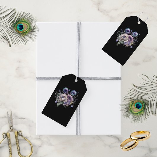Elegante Zwarte Pauw Bloemmotief Cadeaulabel