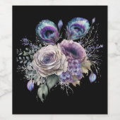 Elegante Zwarte Pauw Bloemmotief Wijn Etiket (Enkel label)