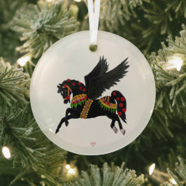 Elegante Zwarte Pegasus Vintage Draaimolenpaard Glas Ornament