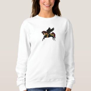 Elegante Zwarte Pegasus Vintage Draaimolenpaard Sw Trui