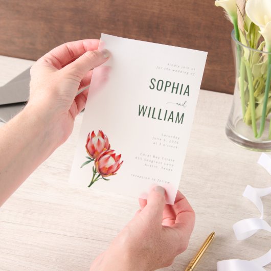 Elegante Zwarte Protea Bloem Vellum Uitnodigingen (Draagbaar)