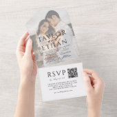 Elegante Zwarte QR Code Foto Bruiloft All In One Uitnodiging (Afscheurbaar)