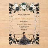 Elegante zwarte Quinceañera bloem Acryl Uitnodigingen (Voorkant)