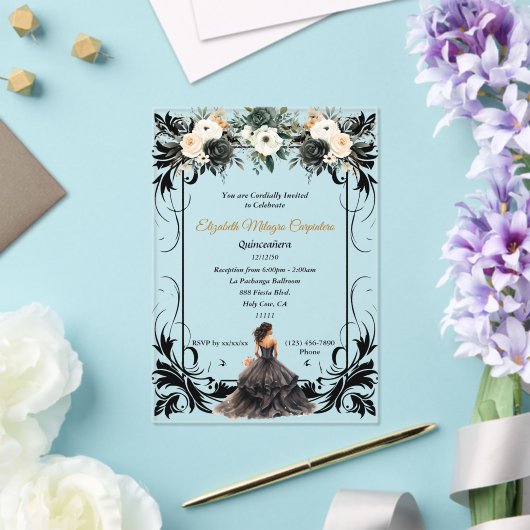 Elegante zwarte Quinceañera bloem Acryl Uitnodigingen (Insitu (Huwelijk))