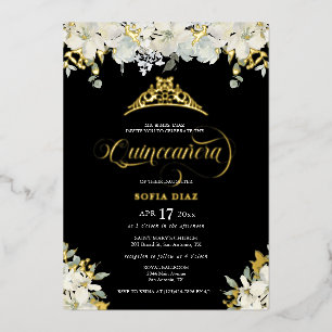 Elegante Zwarte Quinceañera Bloem Goud Folie Uitnodiging