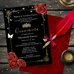 Elegante Zwarte Quinceanera Rode Roos Echte Goud Folie Uitnodiging