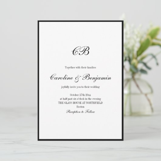 Elegante Zwarte Rand Witte Script Monogram Huwelij Kaart (Staand voorkant)