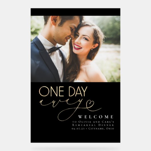 Elegante zwarte repetitie diner welkomstfoto acryl bord (Voorkant)