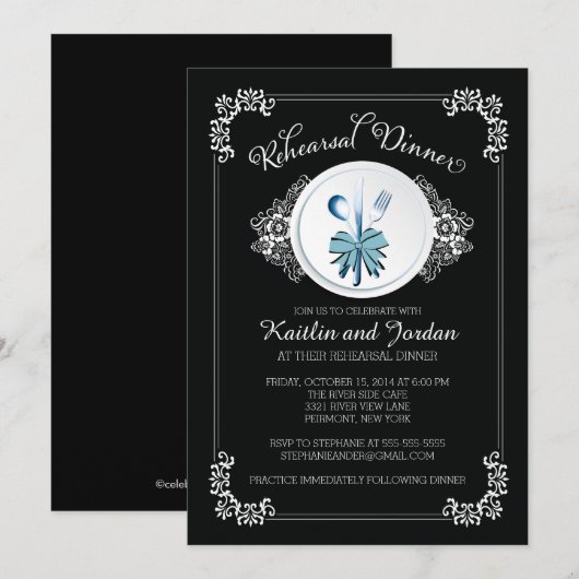 Elegante zwarte repetitie Dinner Party uitnodiging (Voorkant / Achterkant)