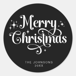 Elegante zwarte retro vrolijk kerstscript op maat ronde sticker