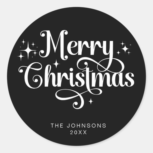 Elegante zwarte retro vrolijk kerstscript op maat ronde sticker (Voorkant)