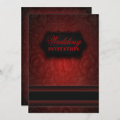 Elegante zwarte rode damasten formele trouwuitnodi kaart (Voorkant / Achterkant)