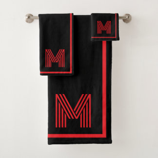 Elegante zwarte & rode gepersonaliseerde monogram bad handdoek
