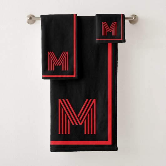 Elegante zwarte & rode gepersonaliseerde monogram bad handdoek (Insitu)