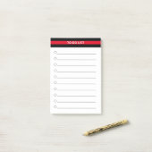 Elegante zwarte rode gepersonaliseerde takenlijst post-it® notes (Op bureau)