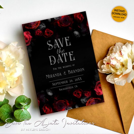 Elegante zwarte rode rozen bloemenbewaring de datu save the date