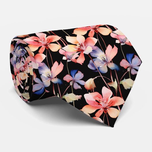 Elegante zwarte rode wilde bloemen Stropdas (Opgerold)