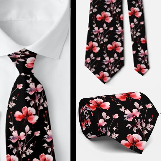 Elegante zwarte rode wilde bloemen Stropdas