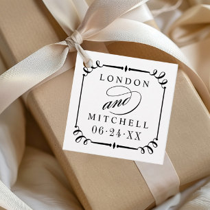 Elegante zwarte rolwerk kader monogram bruiloft bedankjes labels