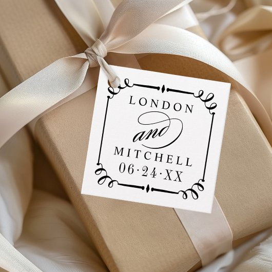 Elegante zwarte rolwerk kader monogram bruiloft bedankjes labels