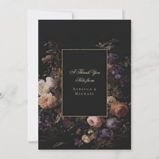 Elegante zwarte romantische bloemen donkere bruilo bedankkaart (Voorkant)