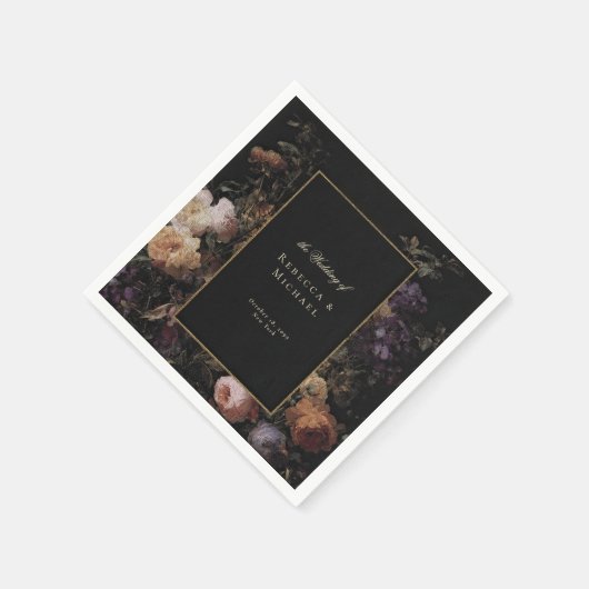 Elegante zwarte romantische bloemen donkere bruilo servet (Hoek)