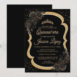Elegante Zwarte Roos en Gouden Quinceanera  Kaart