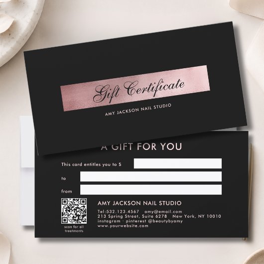 Elegante zwarte rosegouden QR-code cadeaubon