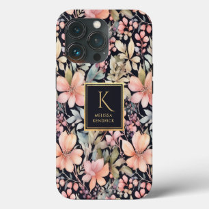 Elegante Zwarte Roze Bloemige Waterverf Monogram N iPhone 13 Pro Hoesje