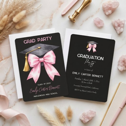 Elegante Zwarte Roze Coquette Strik Afstuderen Kaart