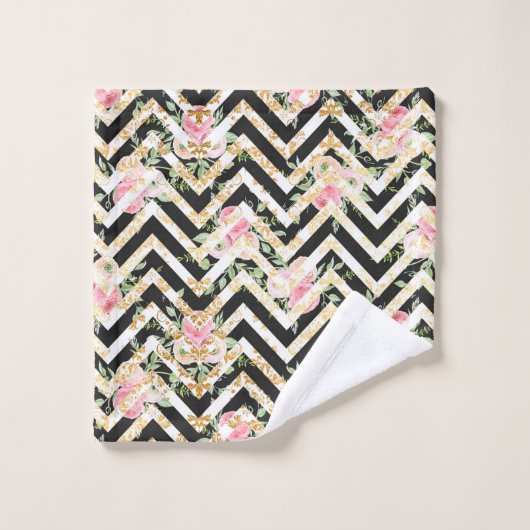 Elegante zwarte, roze en groene bloemenbadhanddoek bad handdoek (Wasdoekje)