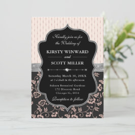 Elegante Zwarte Roze Frame Bloemige Bruiloft Kaart