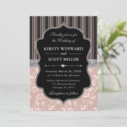 Elegante Zwarte Roze Frame Bloemige Bruiloft Kaart (Staand voorkant)