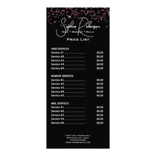 Elegante Zwarte & Roze Glitter Prijslijst Rack Car Reclamekaart