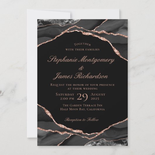Elegante Zwarte Roze Goud Folie Agate Huwelijk Kaart (Voorkant)