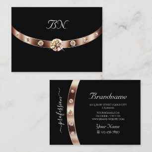 Elegante Zwarte Roze Goud met Monogram en Diamante Visitekaartje