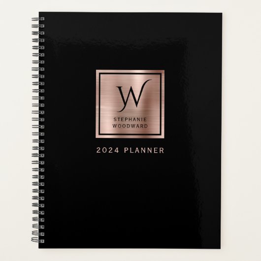Elegante Zwarte Roze Goud Monogram 2024 Planner (Voorkant)