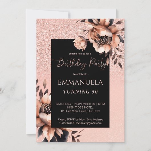 Elegante zwarte roze gouden bloemige verjaardags s kaart (Voorkant)